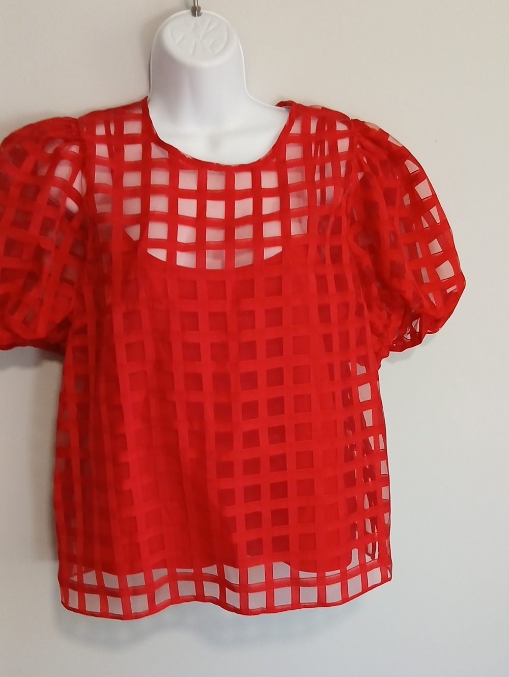 English Factory Red Grid Puff-Sleeve Sheer Top